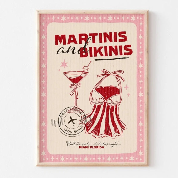 Framed poster with 'Martinis and Bikinis' text and illustrations on a light pink background.