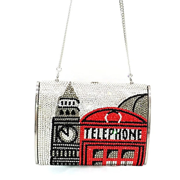Handbag with a red telephone box design on a white background