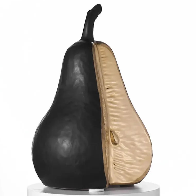 Black and beige pear-shaped leather product on a white background