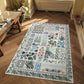 Decorative rug with floral and botanical patterns on a wooden floor.