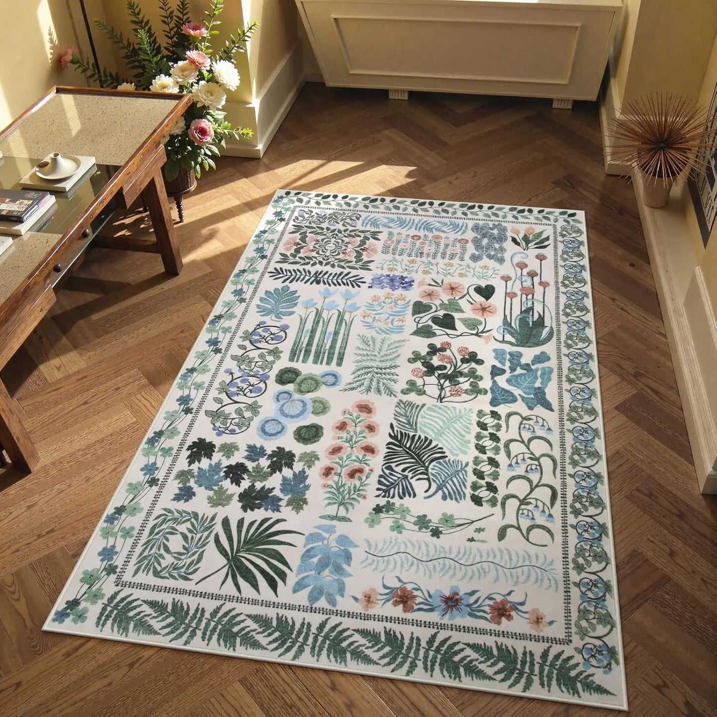 Decorative rug with floral and botanical patterns on a wooden floor.