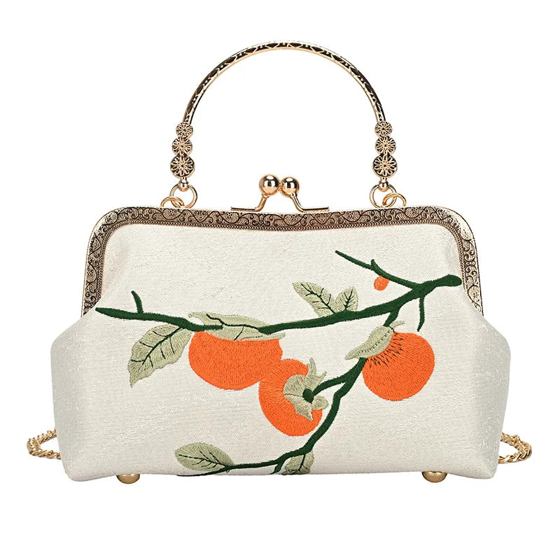Chinese Style Persimmon Embroidered Shoulder Bag Elegant Handbag Retro Small Square Bag Wedding Party Women Clip Evening Clutch