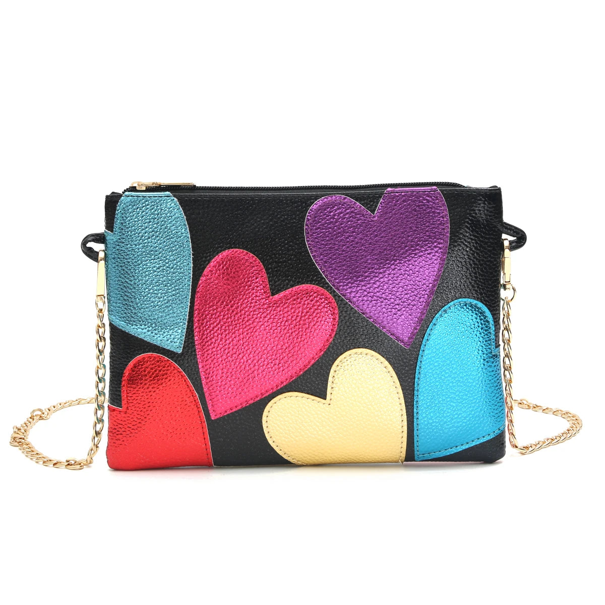 Luxury Design Colorful Metallic PU Leather Clutch Women Fashion Sweet Hearts Pattern Square Handbags Chain Crossbody Girls Purse