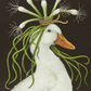 Illustration of a duck with plants on its head against a dark background