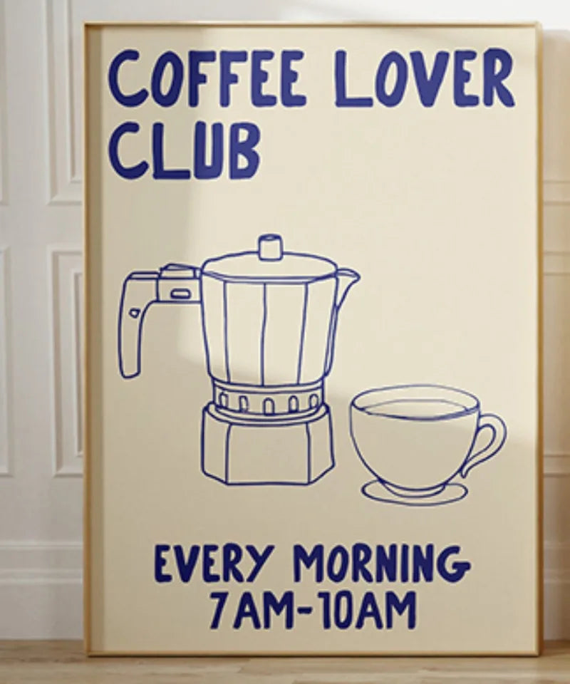 Framed poster with 'Coffee Lover Club' text and coffee maker illustration on a beige background.