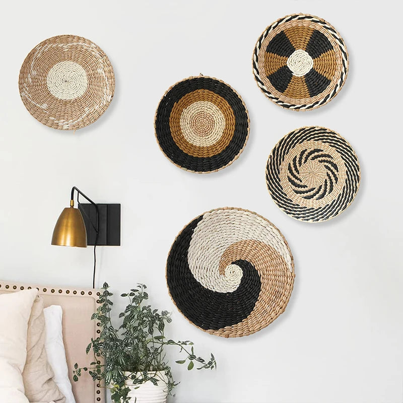 INS Nordic Style Straw Woven Tray Wall Decorations Handmade Papyrus Hanging Basket Bedroom Creative Art Wall Hanging Room Decor