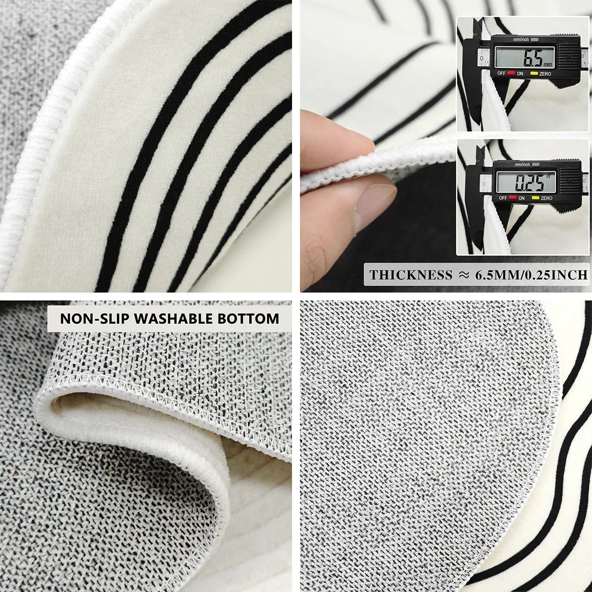 Collage of a black and white striped rug with measurements and texture details.
