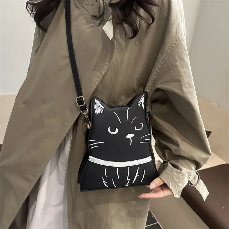 Women Shoulder Messenger Bags PU Leather Fashion Designer Adjustable Strap Crossbody Handbags with Cat Pendant Purse