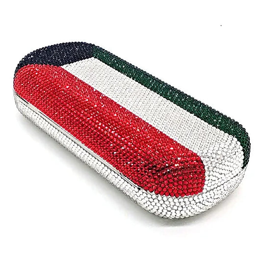 Colorful beaded clutch bag with red, white, and green stripes on a white background