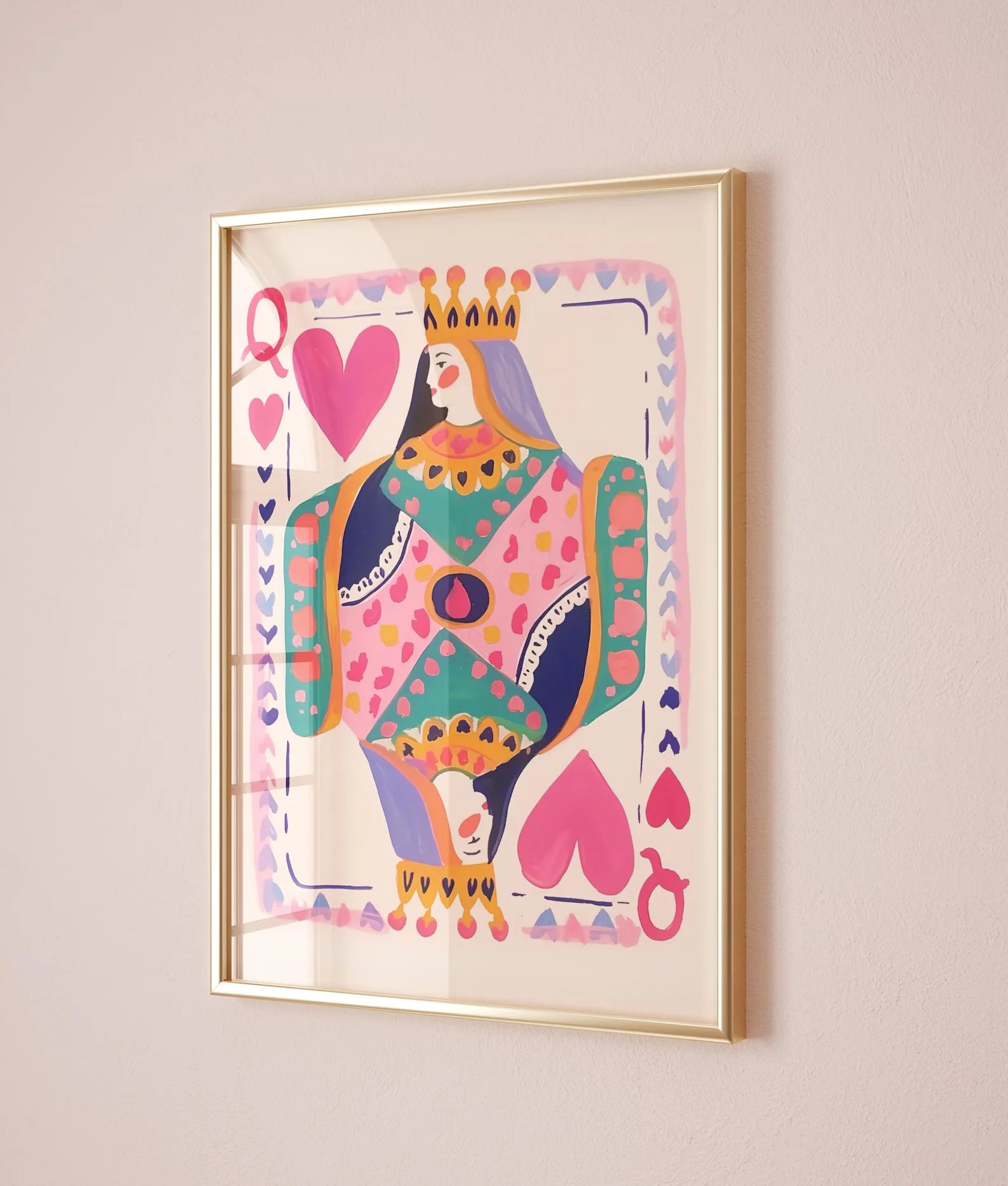 Colorful illustration of a character with a crown and hearts in a gold frame on a beige wall.