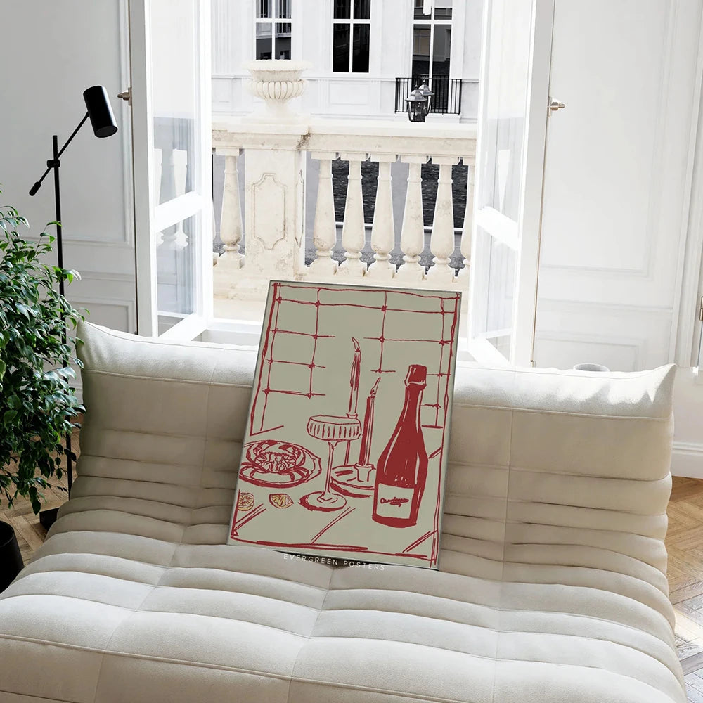 Decorative pillow with a red and white design on a beige sofa in a bright room.