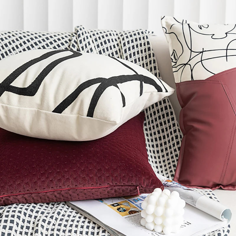 Modern Minimalist and Luxurious Cushion Cover Nordic Wine Red Suede Abstract Art Cushion Covers Sofa Bedside Throw Pillow covers