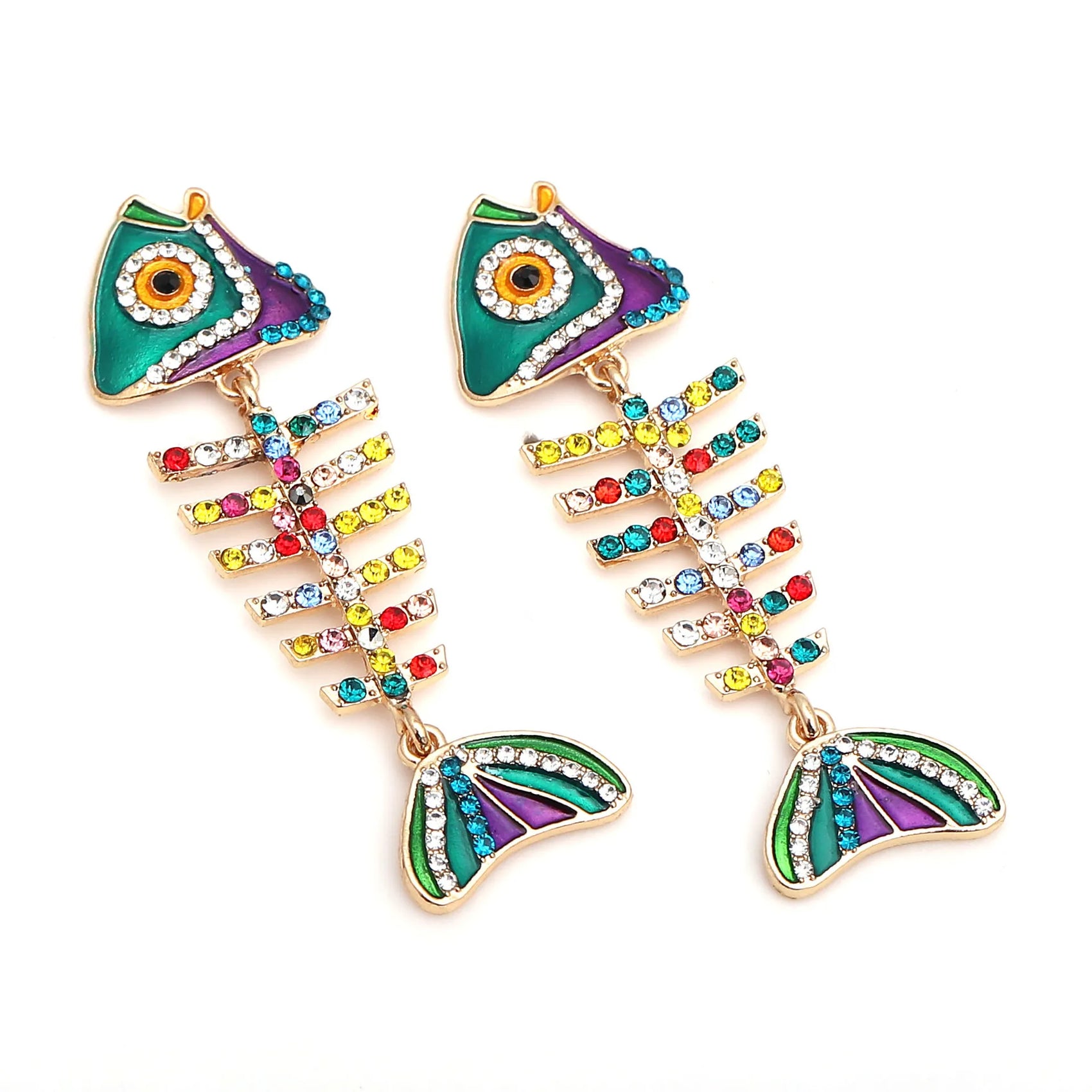 Colorful fishbone earrings with multicolored gemstones on a white background