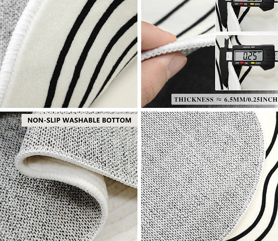 Collage of a textured fabric with measurement details and non-slip properties.
