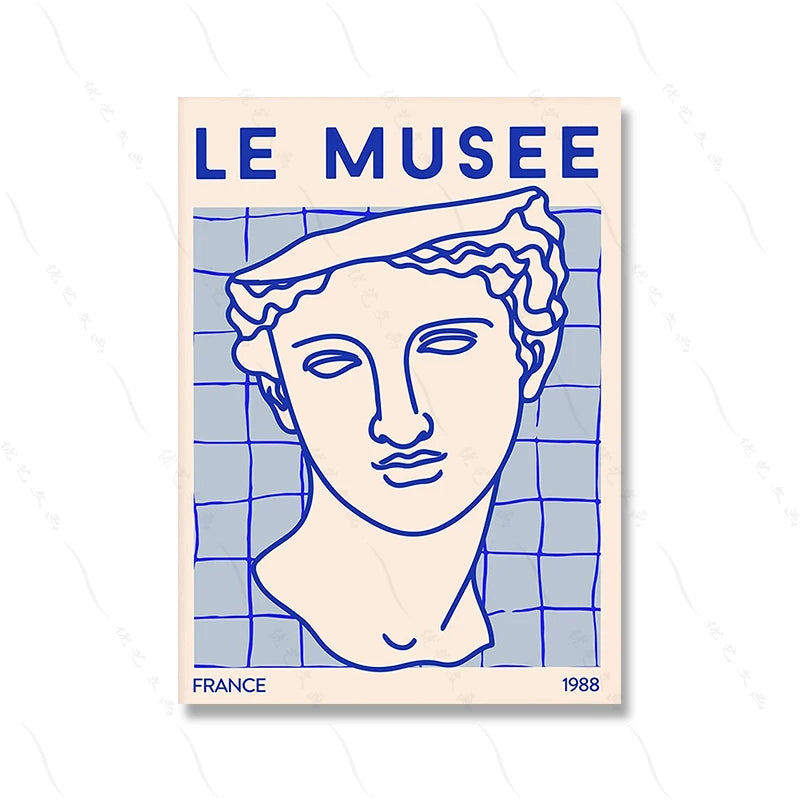 Poster of a classical statue head with 'Le Musee' text and grid background