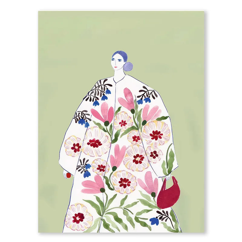 Illustration of a woman wearing a floral dress on a light green background