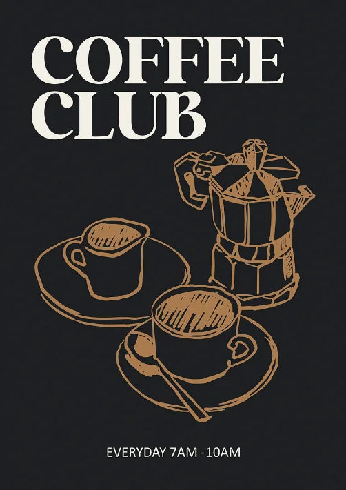 Coffee club logo with a coffee maker and cup on a black background