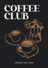 Coffee club logo with a coffee maker and cup on a black background
