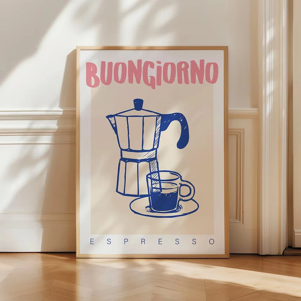 Framed artwork with 'Buongiorno Espresso' text and Moka pot illustration on a light background.