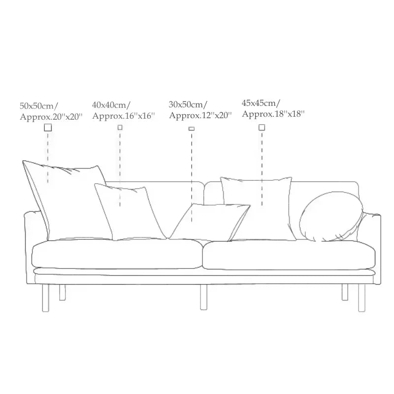 Diagram of a sofa with dimensions of decorative pillows.