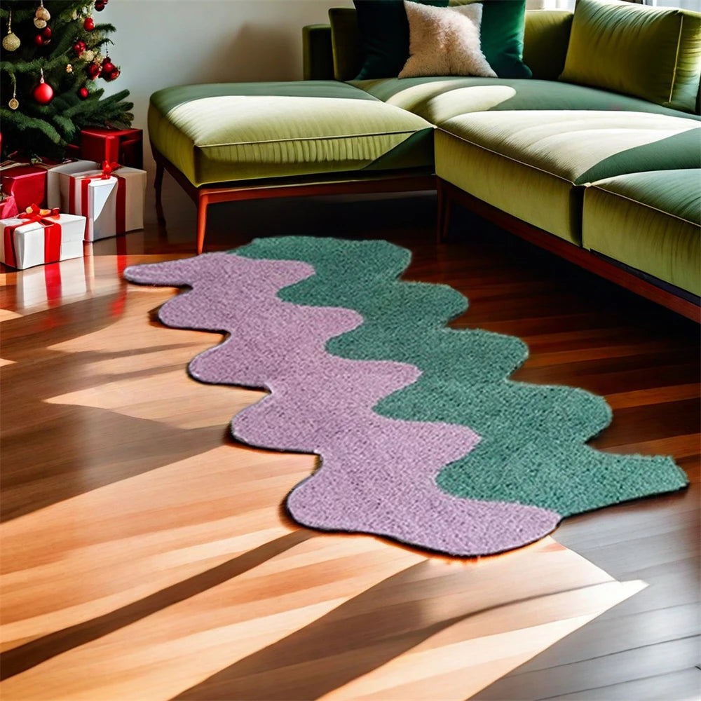 Colorful wavy rug on a wooden floor with a green sofa and Christmas decorations in the background.