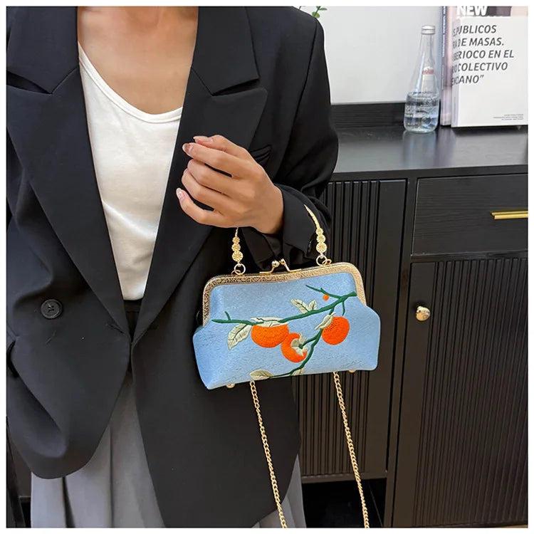 Chinese Style Persimmon Embroidered Shoulder Bag Elegant Handbag Retro Small Square Bag Wedding Party Women Clip Evening Clutch