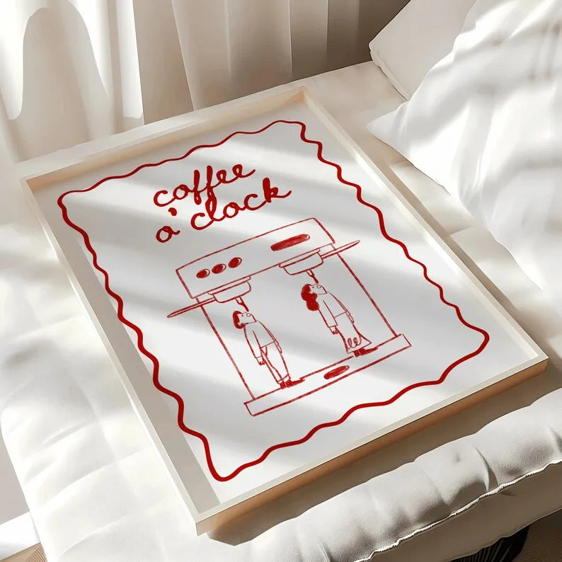 Decorative tray with 'coffee o'clock' design on a white surface