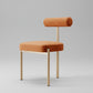 A modern style dining chair with a brown fabric seat and a silver metal frame, without armrests.