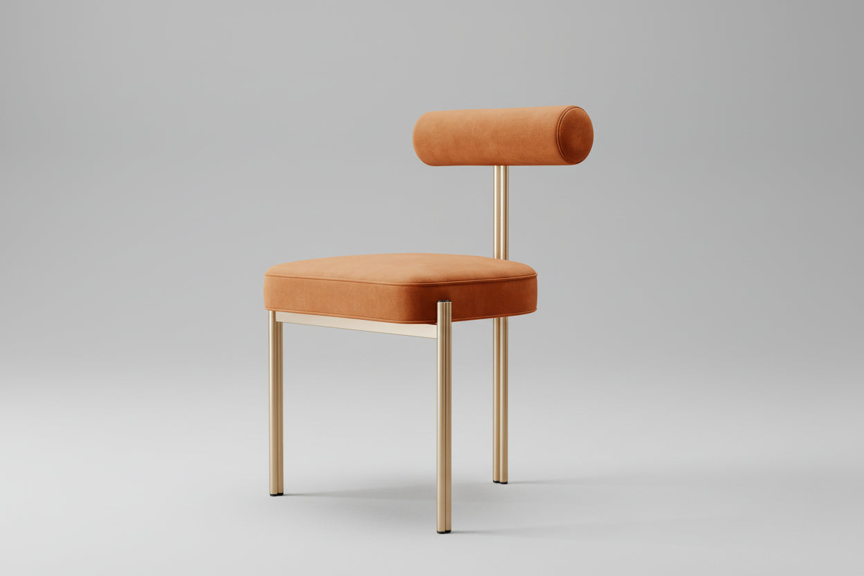 A modern style dining chair with a brown fabric seat and a silver metal frame, without armrests.