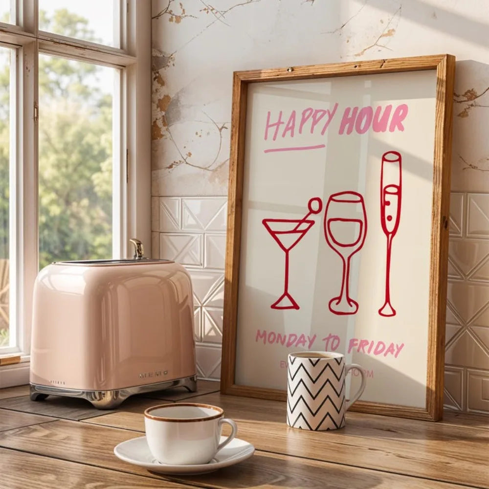 Beige toaster on a wooden surface with a framed sign reading 'Happy Hour' and two mugs.
