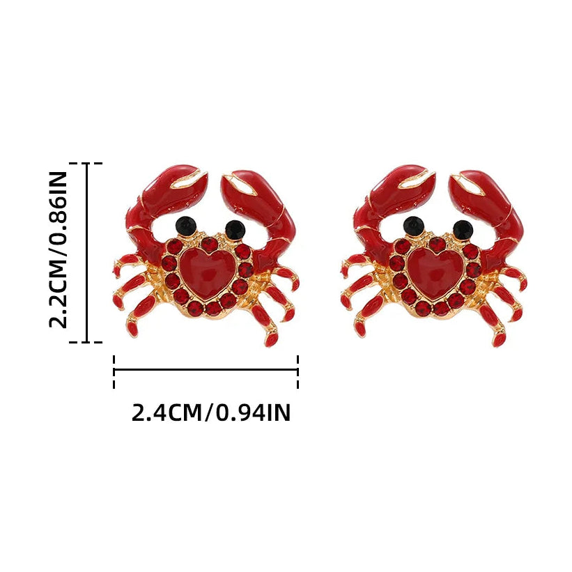 Red crab-shaped earrings with measurements and weight on a white background