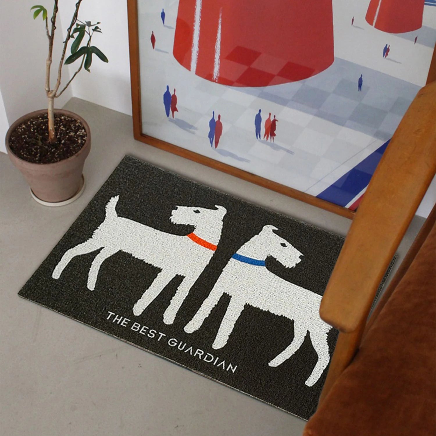 Doormat with dog design and text in a home setting