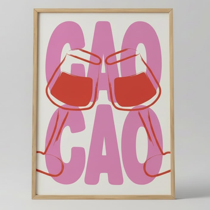 Framed artwork with pink sunglasses and 'CAO' text on a white background