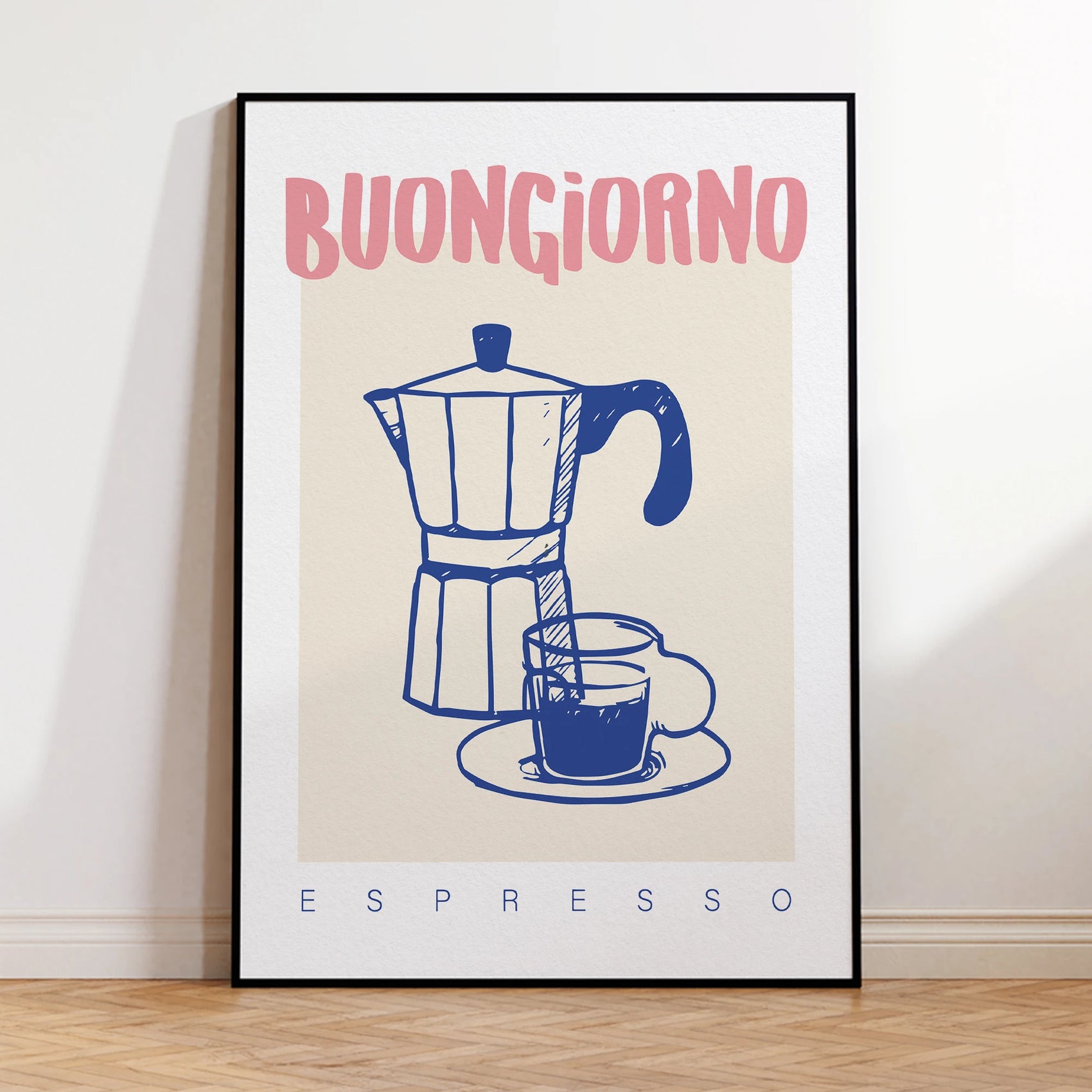 Framed artwork with 'Buongiorno Espresso' text and Moka pot illustration on a beige background.