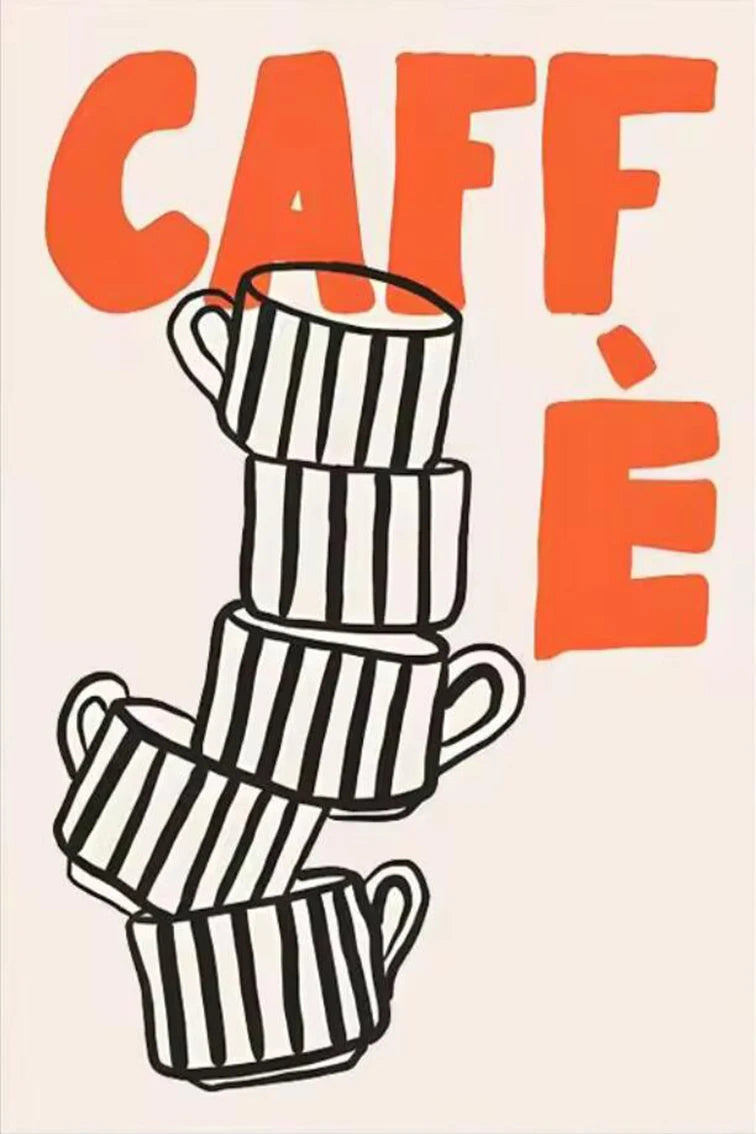 Stack of black and white striped coffee cups with 'CAFFÓ' text in orange on a beige background