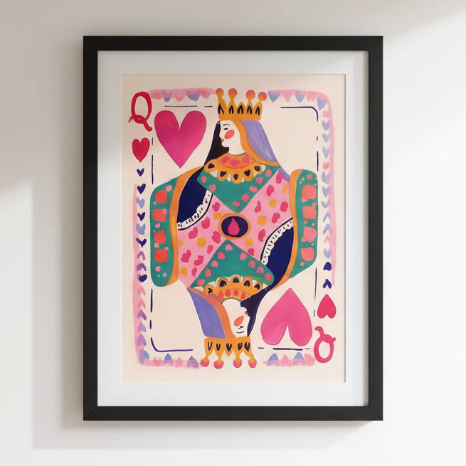 Colorful illustration of a queen with hearts on a white wall