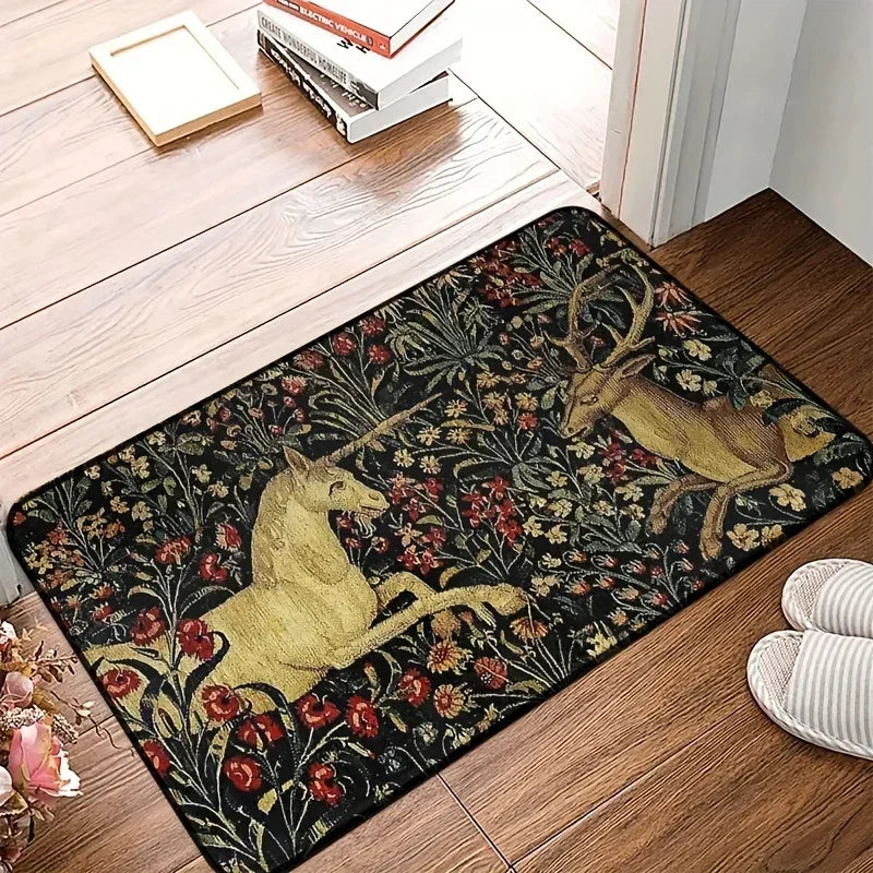 Decorative doormat with unicorn and deer design on a wooden floor.