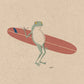 Illustration of a frog holding a red surfboard on a beige background