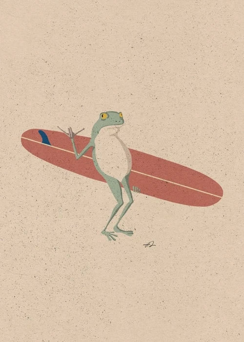 Illustration of a frog holding a red surfboard on a beige background