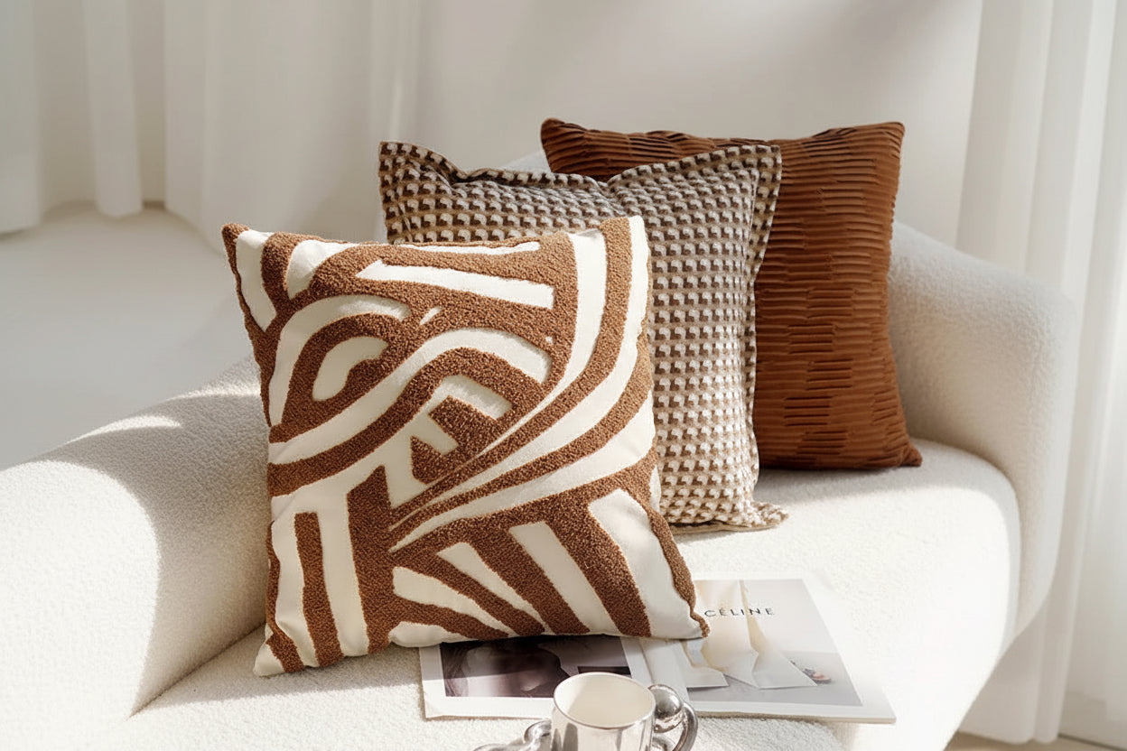 Three patterned pillows on a white sofa with a magazine and cup.