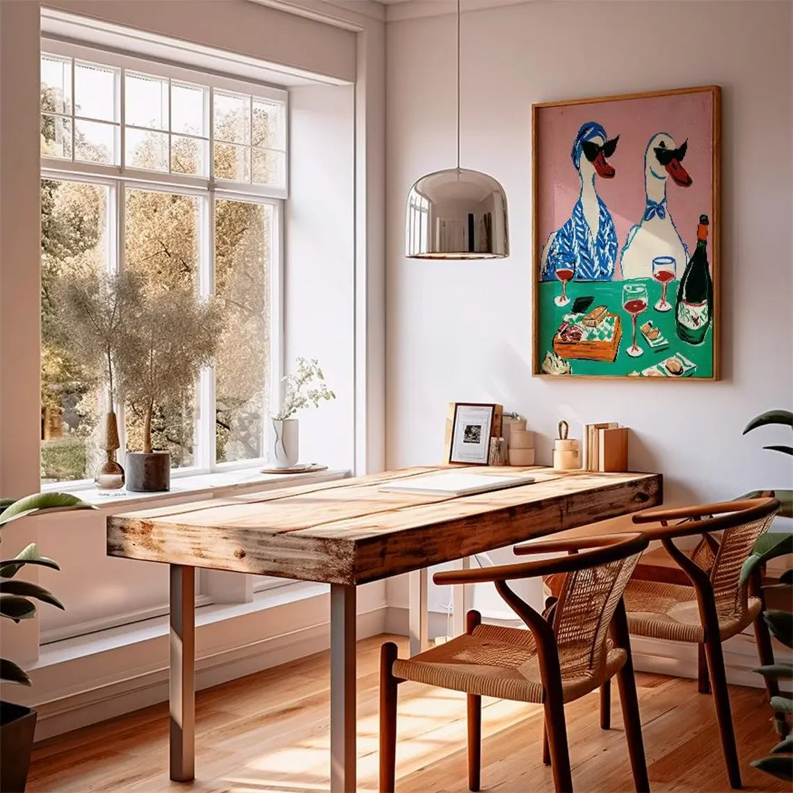 Dining room with wooden table, chairs, and a colorful painting on the wall.