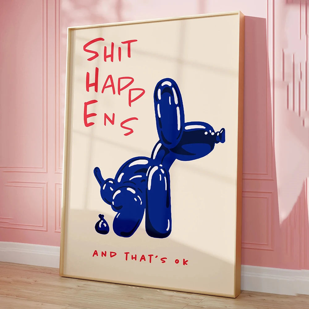 Framed artwork with blue balloon dog and red text on a beige background