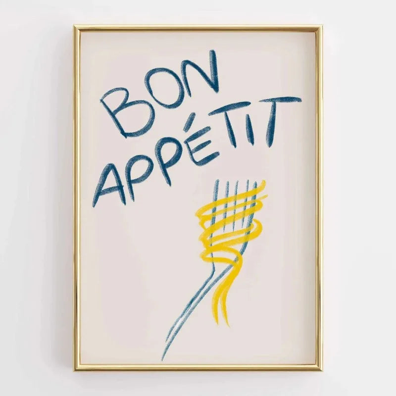 Framed artwork with 'Bon Appétit' text and a fork illustration on a white background