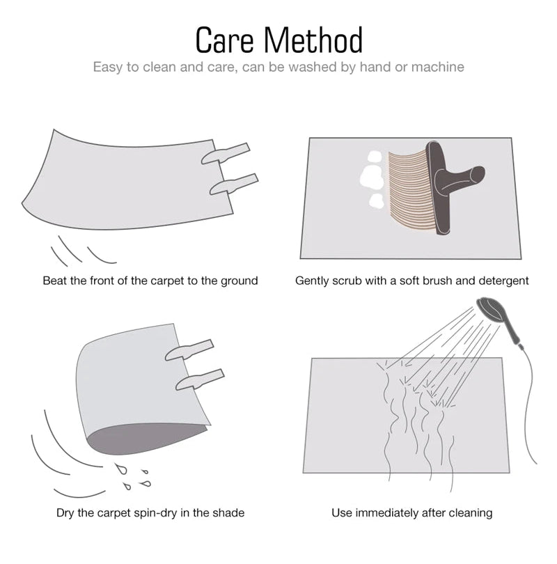 Care method instructions for a carpet product on a white background