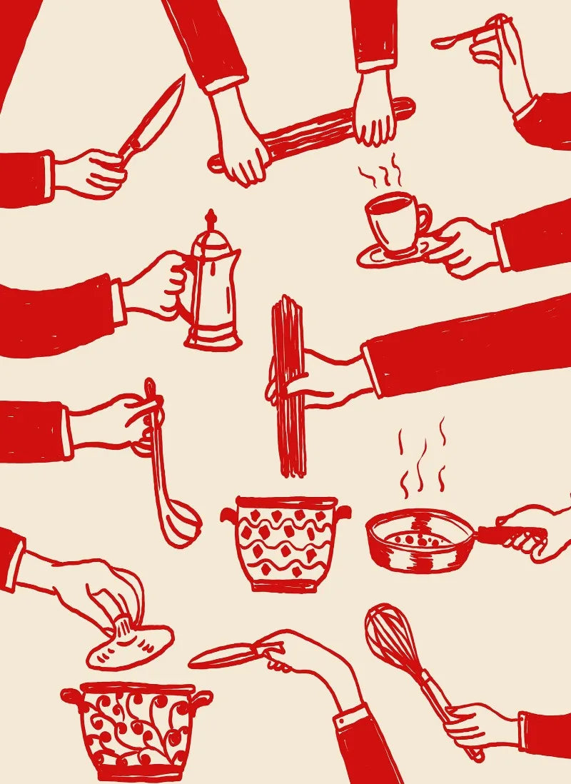 Illustrations of hands performing various cooking actions on a beige background