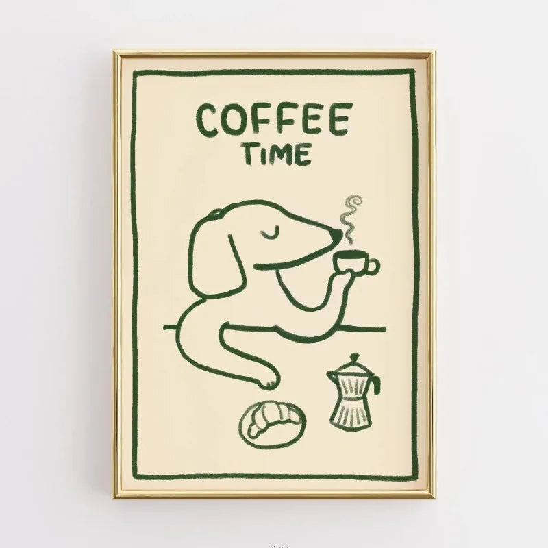 Framed artwork with a dog drinking coffee and 'Coffee Time' text on a beige background