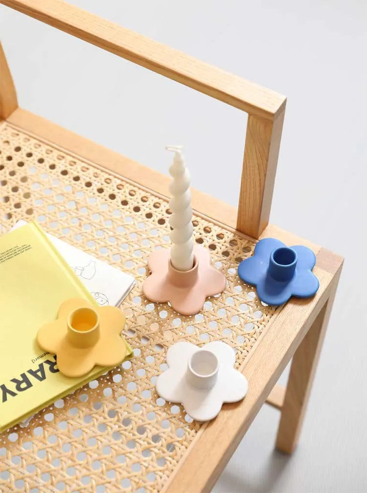 Decorative items on a wooden table with a white background