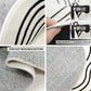 Collage of a black and white striped rug with measurements and texture details.