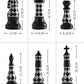 Chess pieces with dimensions labeled on a white background