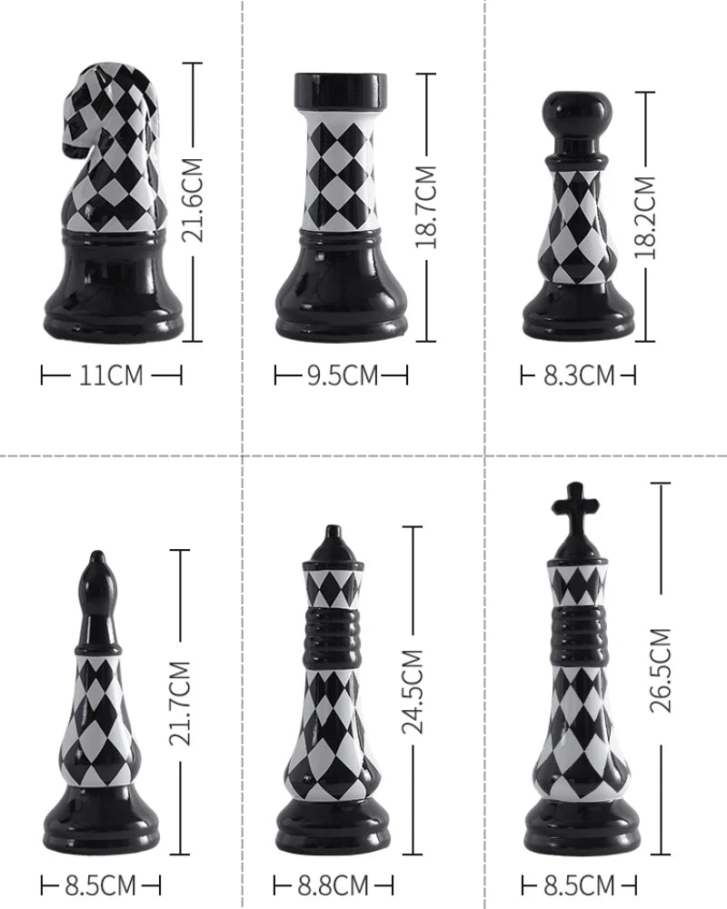 Chess pieces with dimensions labeled on a white background